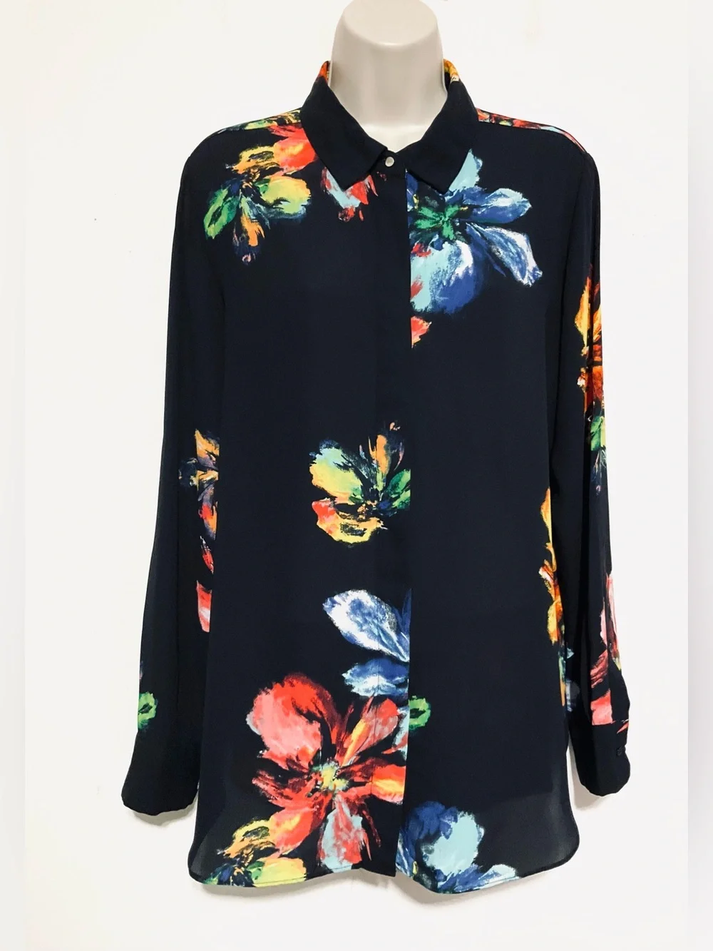Floral Print Button-Up Blouse - black Multi Color Floral - Picture 1 of 10